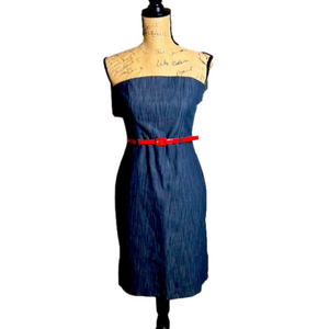 Kupcake Stretchy Denim Strapless Midi Dress w Red Belt New Condition M